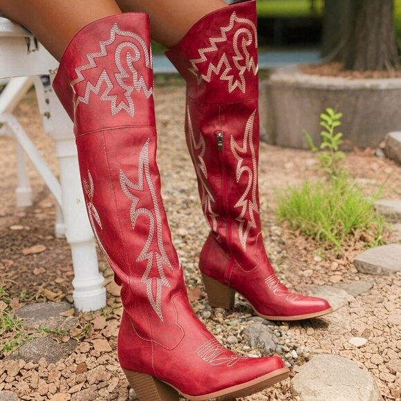 Red Women's Embroider Thigh High Western Cowboy country Chunky Heel Boots - Picture 2 of 5